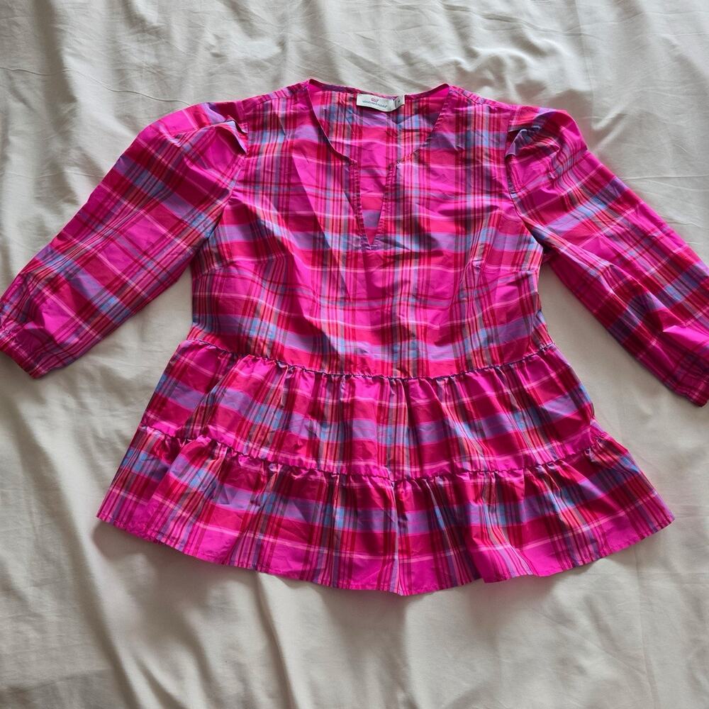 Tuckernuck Vineyard Vines Women's Taffeta Plaid Tiered Blouse Pink Sz Medium
